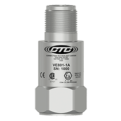 A render of a VE801 top exit accelerometer with the 4-20 line logo, product number, and serial number engraved on the front.